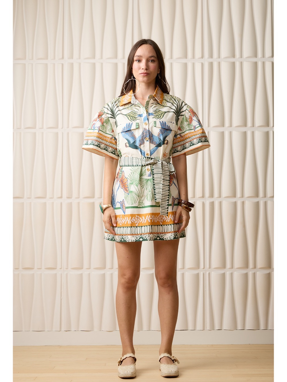 Aylaya Paradise Bird Manila Dress Cotton Belted Shirt Dress M